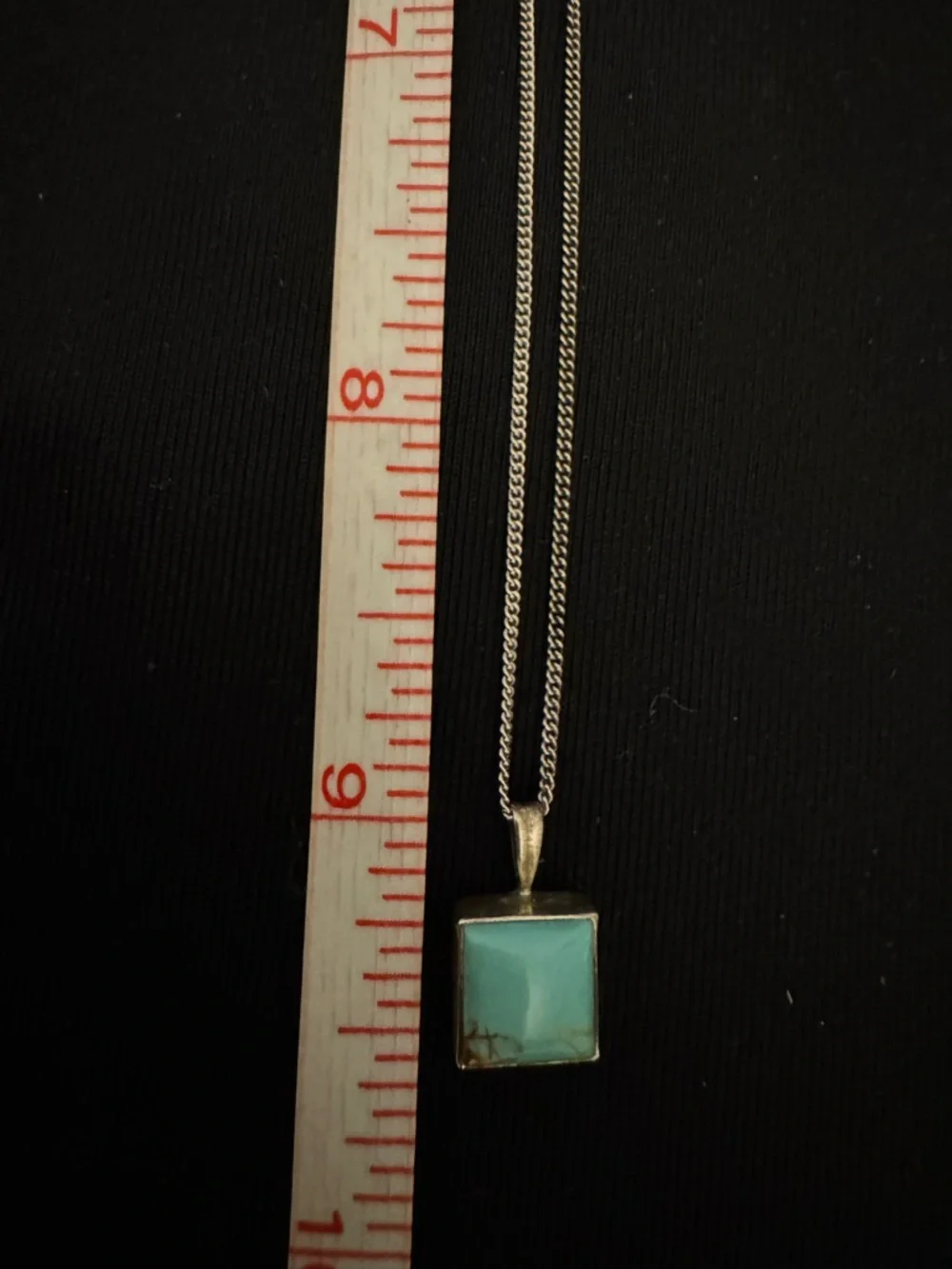 Minimalist Turquoise Square Pendant Necklace Sterling Silver Signed Artisan - Picture 5 of 7